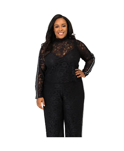 Poetic Justice Plus Size Curvy Black Lace Stripe Snap Cuff Zip Turtleneck
