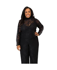 Poetic Justice Plus Size Curvy Black Lace Stripe Snap Cuff Zip Turtleneck