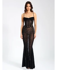 Miss Circle Women's Ulani Black Burnout Velvet Detail Mesh Maxi Dress