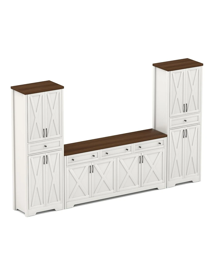 Streamdale Furniture Tv Cabinet Set: 113.5"W Wall Unit with 2 Sideboards, White/Walnut