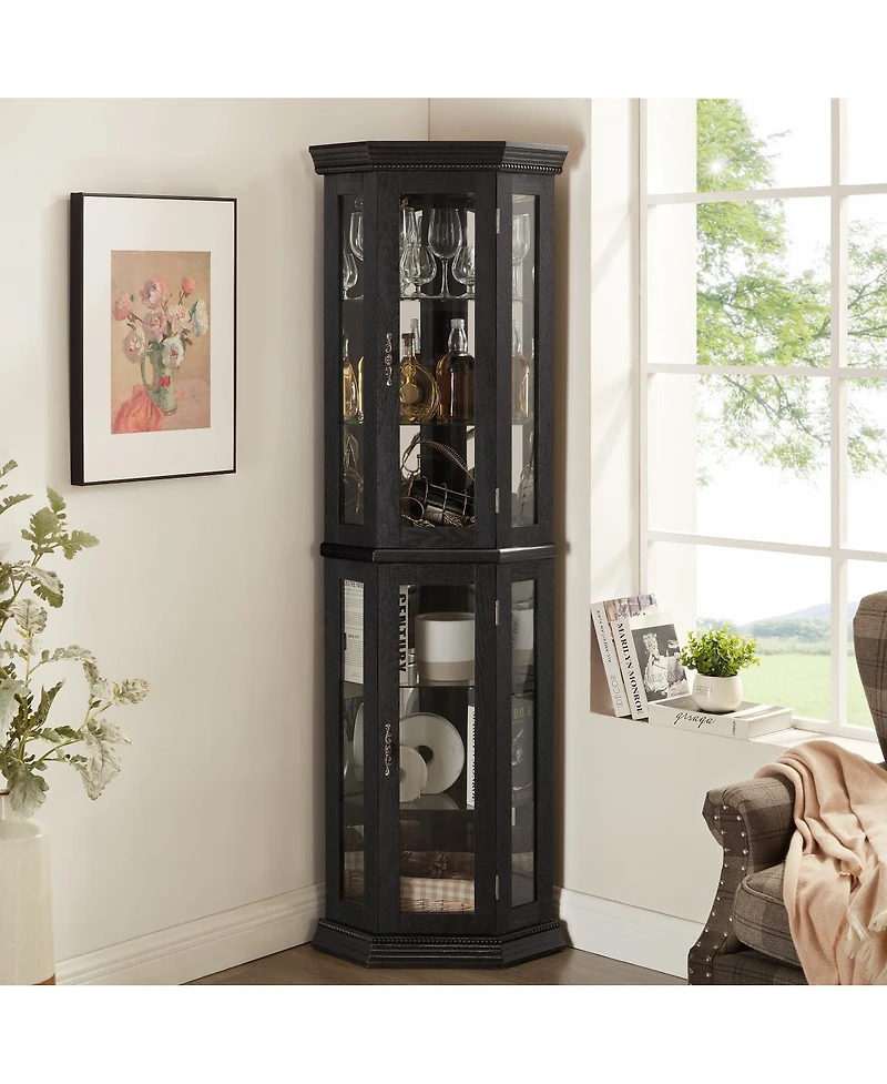 Streamdale Furniture Streamdale Lighted Corner Curio Cabinet with Tempered Glass Doors & Adjustable Shelving - Black