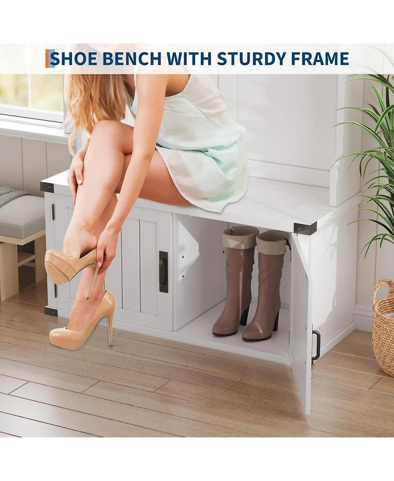 gaomon Hall Tree with Shoe Storage Bench, 4-In-1 Entryway Bench with Coat Rack & Adjustable Shlef & 2 Wood Door