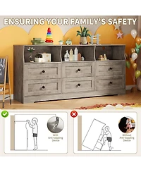 gaomon 6 Drawer Dresser for Bedroom with Power Outlets & Led Light, Slim Wooden Chest of Drawers with Open Shelf