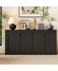 gaomon 63" Buffet Sideboard with 4 Striped Door, Wooden Buffet Cabinet with Storage, Modern Coffee Bar Cabinet with Adjustable Shelf