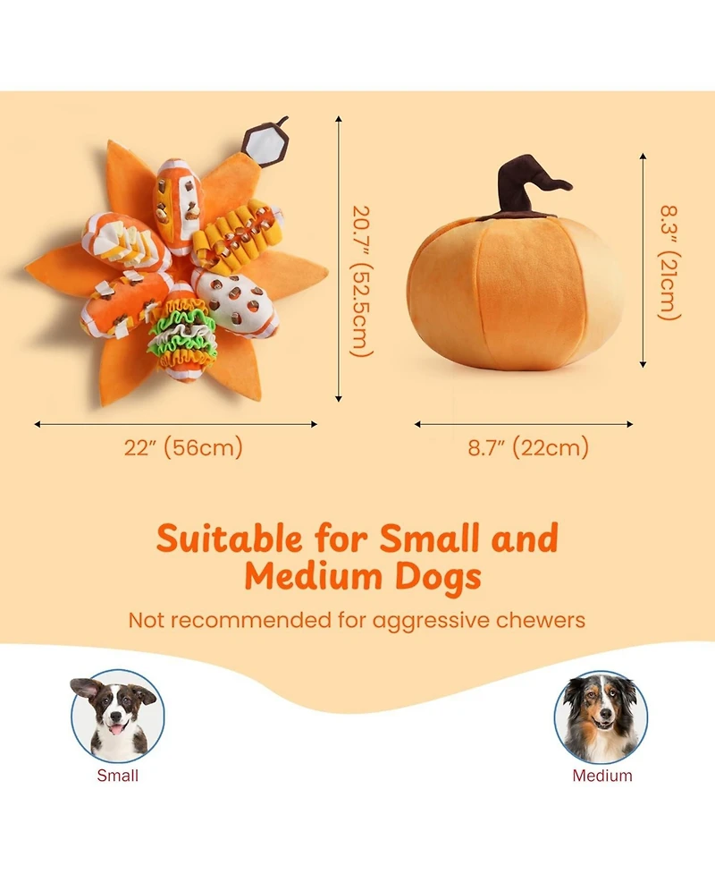 Nocciola 7-in-1 Pumpkin Dog Enrichment Toys, 6 Squeaky Snuffle Slices with Velcro-closure Rind for Treats Hunting Fun, Hide and Seek Puzzle Toy for D