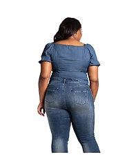 Poetic Justice Plus Zip Front Puff Sleeves Tencel Corset Top