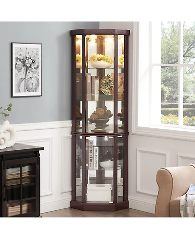 Streamdale Furniture Streamdale Corner Lighted Curio Cabinet with Dark Cherry Finish and Included Light