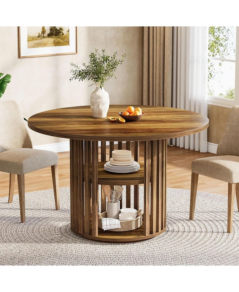 Tribesigns 47-Inch Round Dining Table for 4, Farmhouse Kitchen Table with 2-Tier Storage Shelf and Solid Wood Base, Brown