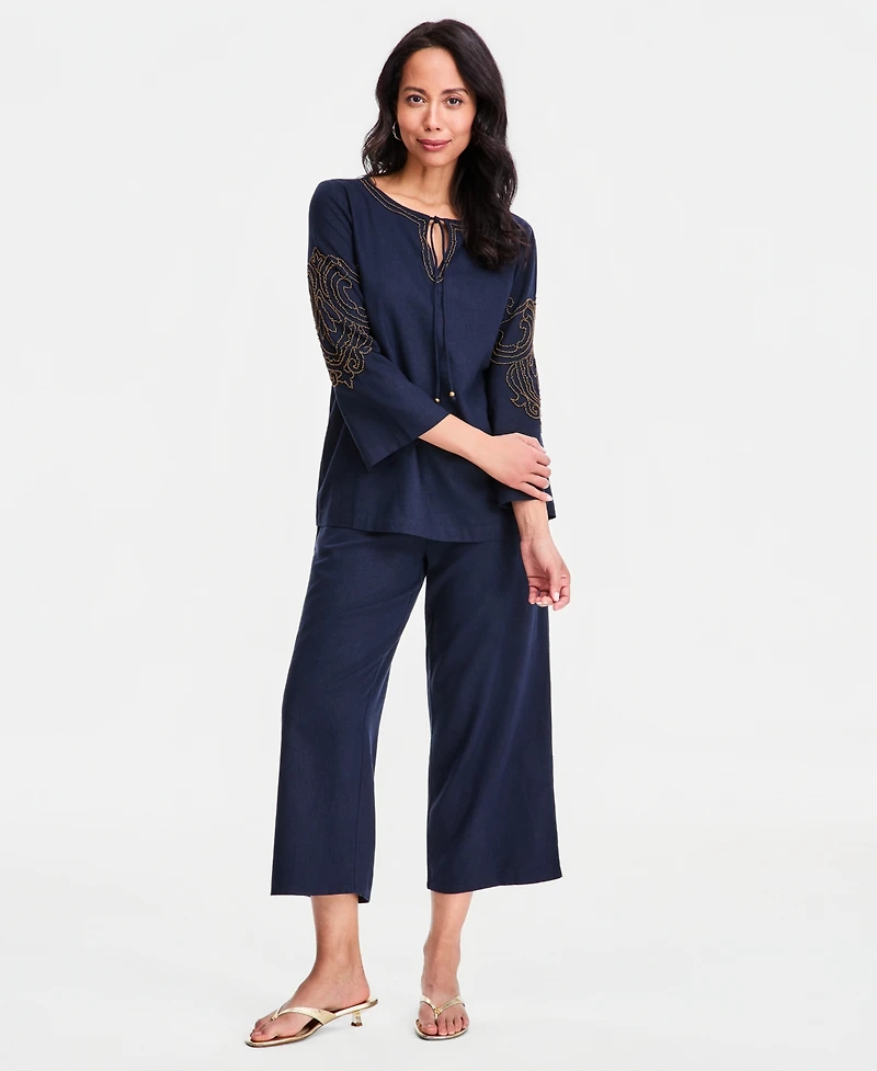 Jm Collection Women's Bead-Embellished Linen-Blend Top, Macy's Exclusive