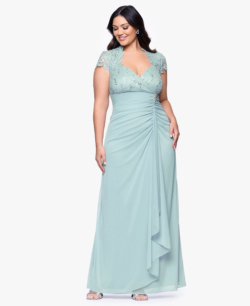 B&A by Betsy & Adam Plus Sequined-Lace Ruched Gown