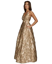 Donna Karan Petite Sleeveless Metallic Brocade V-Neck Ball Gown