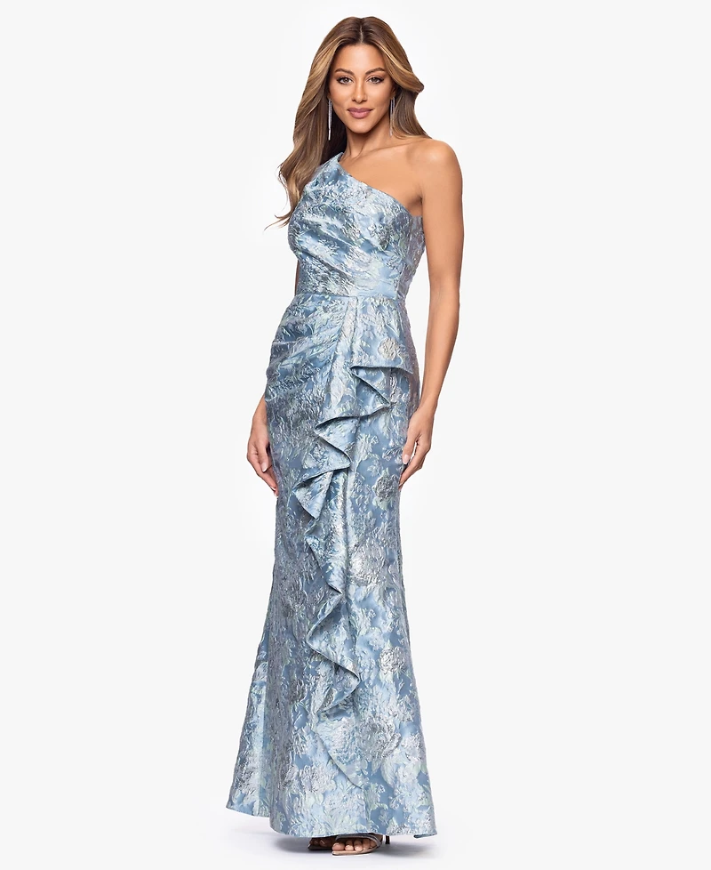 Xscape Women's Metallic Jacquard One-Shoulder Gown