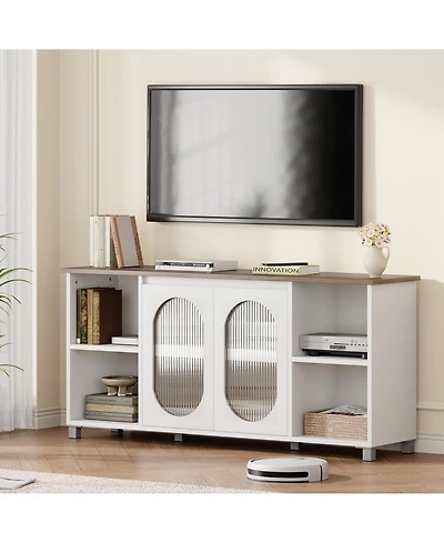 gaomon Modern Tv Stand for 70" Tv, Black Entertainment Center with Shelves and Glass Doors