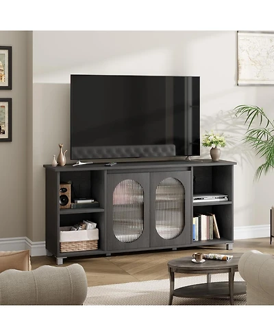 gaomon Modern Tv Stand for 70" Tv, Black Entertainment Center with Shelves and Glass Doors