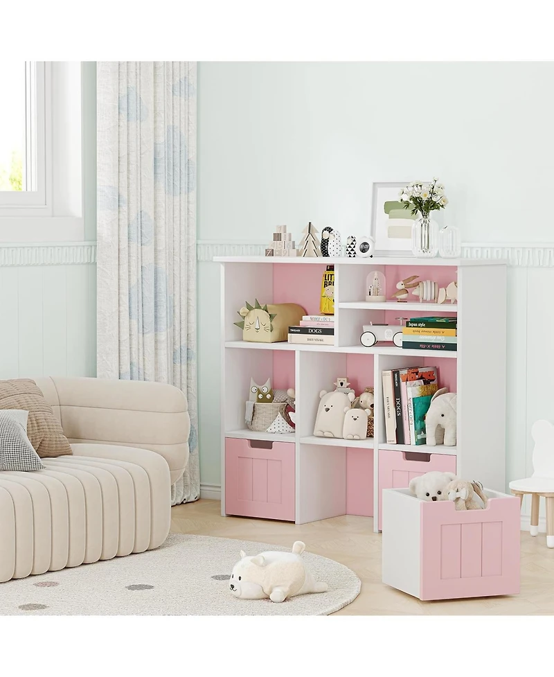 gaomon Toy Storage Cabinet with 3 Movable Drawers & 6 Cubes, Children's Toy Shelf Kids Bookshelf with Hidden Wheels