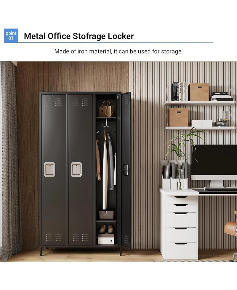 gaomon 3-Door Metal Office Storage Cabinet with 27 Hooks & 9 Shelves, 72" Tall Steel Lockers, Employee Locker Cabinet for Office, Gym, Home