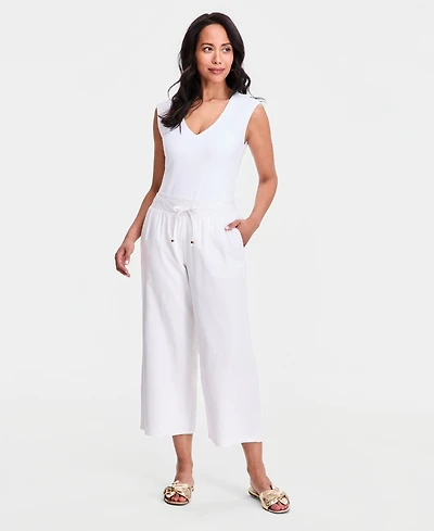 Jm Collection Women's Wide Leg Cropped Drawstring Linen-Blend Pants, Macy's Exclusive