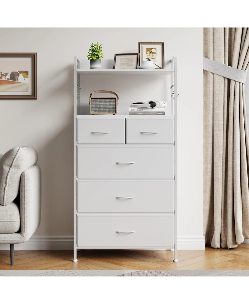gaomon 5 Drawer Dresser, Tall Dresser for Bedroom, Storage Organizer with Fabric Bins, Wood Top, Sturdy Steel Frame, Easy Pull Handle, Hallway