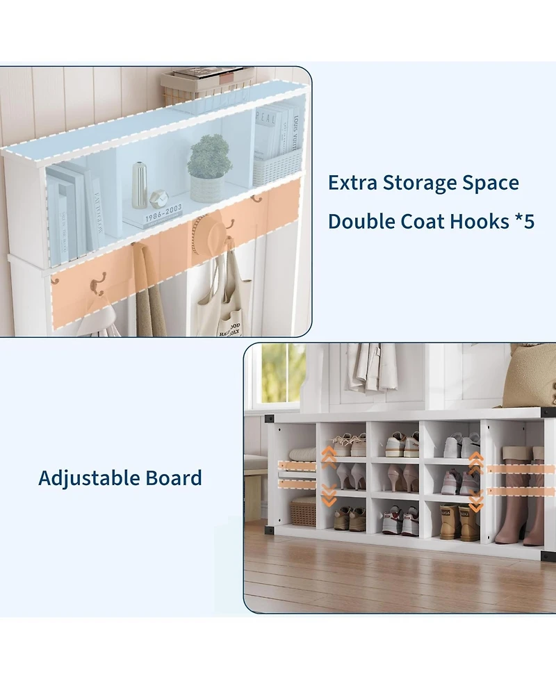 Gaomon Hall Tree with Bench & Shoe Storage – 4-in-1 Farmhouse Entryway Coat Rack with Adjustable Shelf & Metal Corner Protection