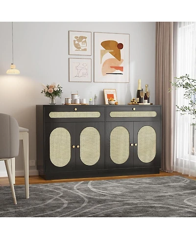 gaomon 60'' Rattan Sideboard, Sideboard Cabinet with Adjustable Shelves, Buffet 2 Drawers and 4 Doors for Dining Room
