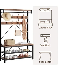gaomon 72" Industrial Hall Tree with Shoe Bench & Coat Rack, Entryway Storage Organizer with 8 Hooks, 3-Tier Shelf & Metal Frame