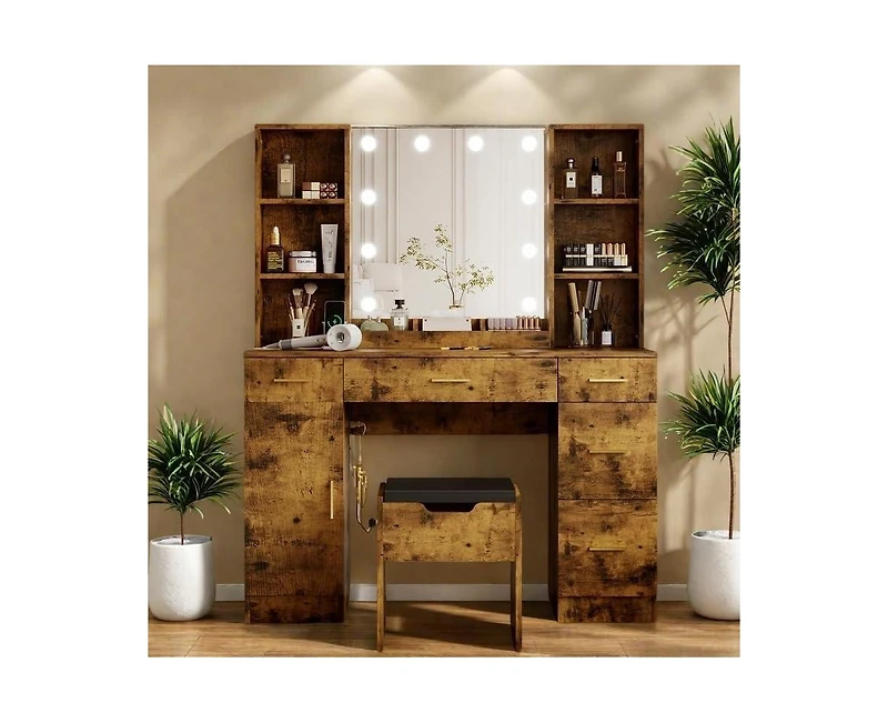 gaomon Modern Makeup Vanity Table Set With Lighted Mirror,56" Farmhouse Vanity Desk With Charge Station&Storage Shelves,Dressing Table