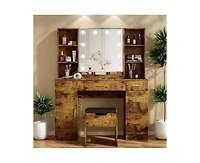 gaomon Modern Makeup Vanity Table Set With Lighted Mirror,56" Farmhouse Vanity Desk With Charge Station&Storage Shelves,Dressing Table