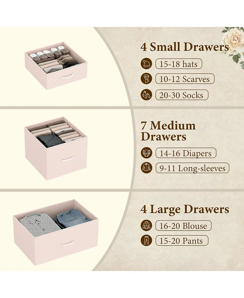 gaomon 15-Drawer Pink Fabric Dresser, Wood Tabletop, Metal Frame, Tall Chest Organizer for Bedroom, Living Room, Entryway