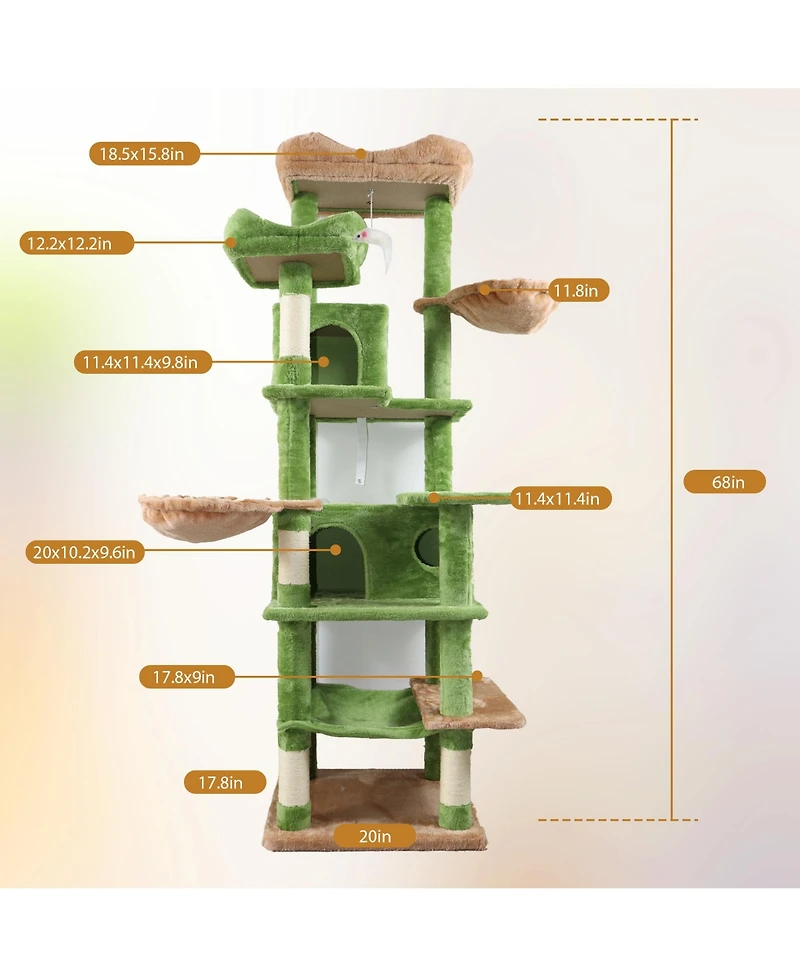 Zeus & Ruta 68in Green Multi Level Cat Tree Hammocks Hanging Basket Cat Cave Removable Cushion Scratching Posts