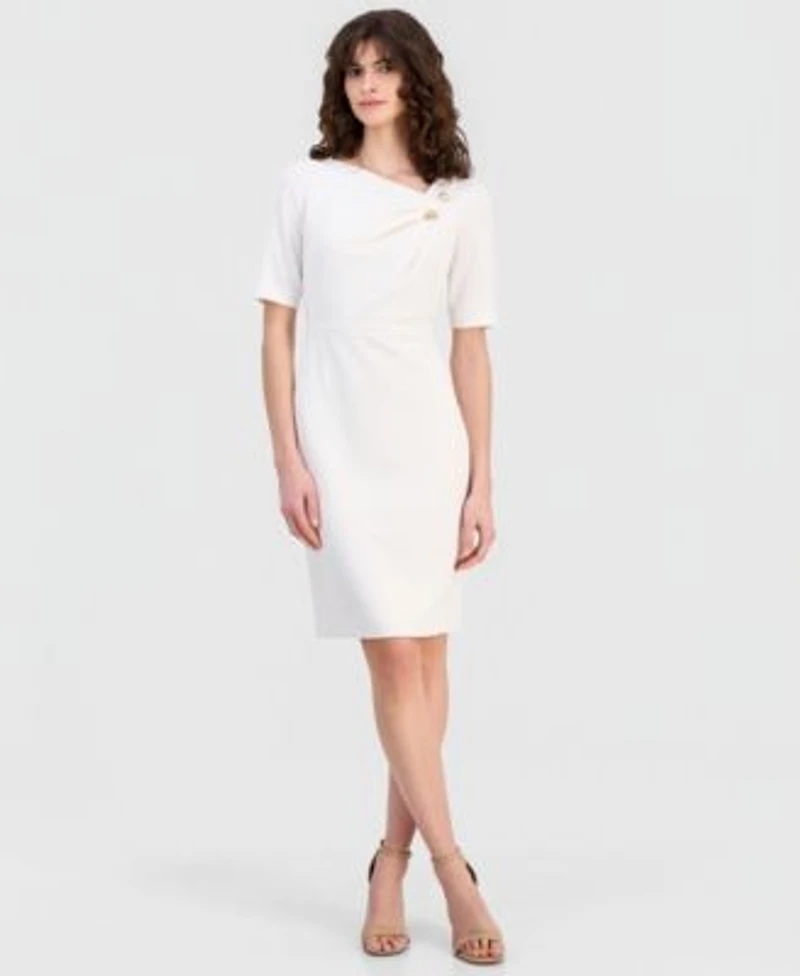 Anne Klein Womens Asymmetric Neck Elbow Sleeve Dress