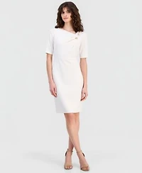 Anne Klein Womens Asymmetric Neck Elbow Sleeve Dress