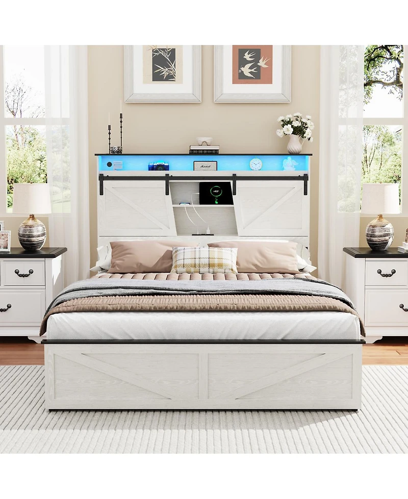 Streamdale Furniture Farmhouse Queen Bed Frame w/Storage Headboard, Drawers, Charging & Led Lights, White