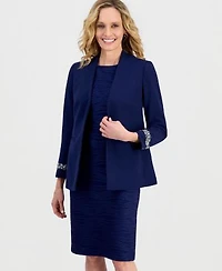 Kasper Womens Stretch Crepe Collarless Embellished Bracelet Sleeve Jacket Wave Knit Sheath Dress