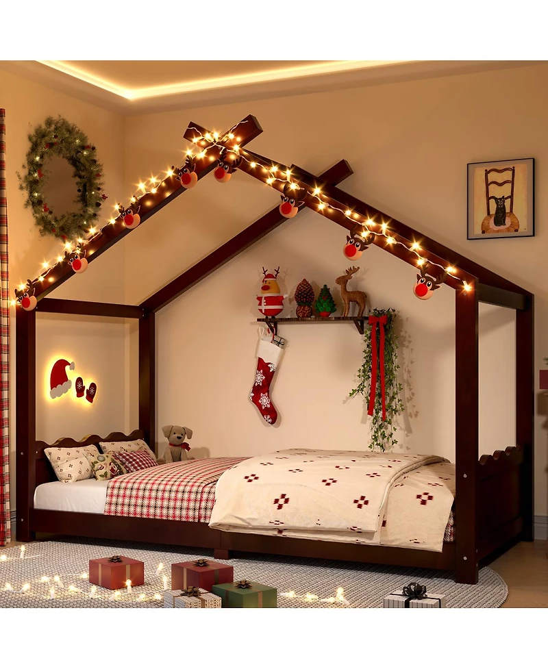 Streamdale Furniture Twin House Floor Bed with Slats, Solid Wood House Bed Frame for Kids