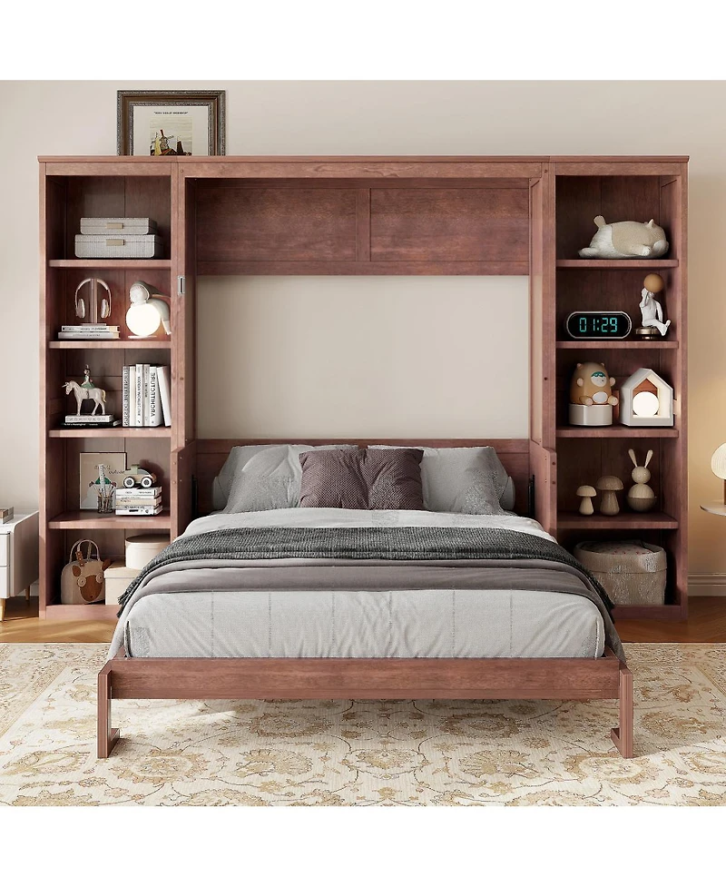 Streamdale Full Size Murphy Bed with Desk and Bookshelf, Dark Brown