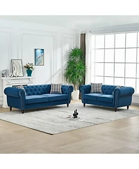 Streamdale Furniture 3+2 Seater Blue Chesterfield Velvet Sofa with Roll Armrest & Nailhead