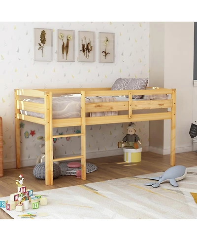 Streamdale Twin Wood Loft Bed Low Loft Beds with Ladder, Twin, Walnut