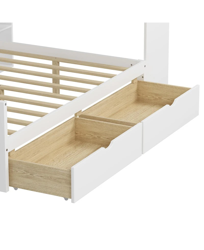 Streamdale Furniture Wooden L-Shape Daybed with 7 Cabinets, 2 Drawers, Desk & Bookshelf, White