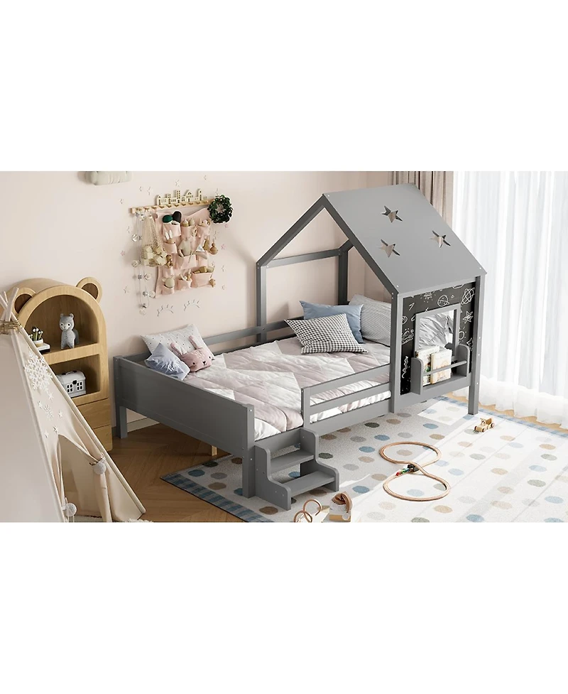 Streamdale Furniture Full House Beds with Low-Profile Stairs, Window, Bookcase, Blackboard, Star Roof, Gray