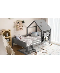 Streamdale Furniture Full House Beds with Low-Profile Stairs, Window, Bookcase, Blackboard, Star Roof, Gray