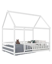 Streamdale Furniture Full Size Floor Wooden Bed with House Roof Frame, Fence Guardrails, White