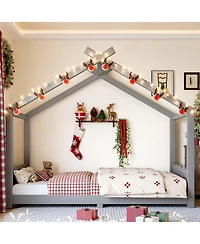 Streamdale Furniture Twin House Floor Bed with Slats, Solid Wood House Bed Frame for Kids, Gray