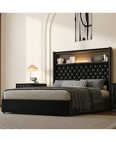 Streamdale Furniture Full Size Velvet Tufted Bed Frame with Usb