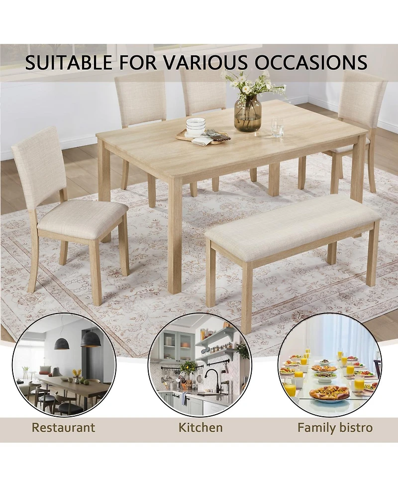 Streamdale Furniture 6 Piece Dining Table Set with Bench, Wooden Kitchen Table & 4 Upholstered Chairs