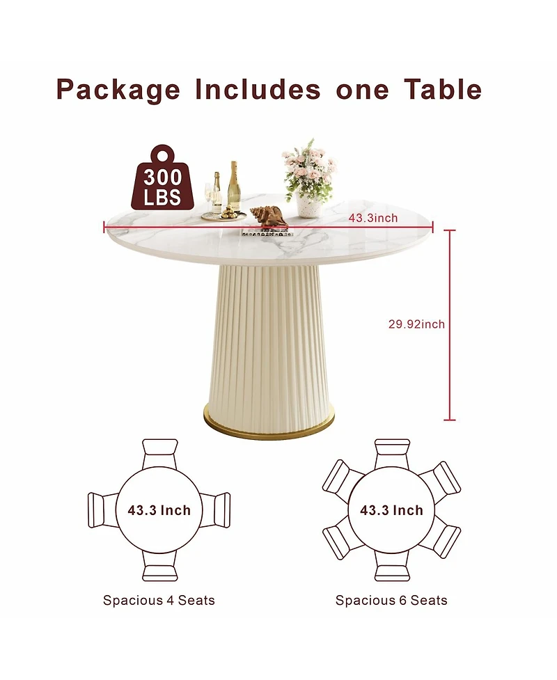 Streamdale Furniture Modern 43.3" Round Dining Table, Glossy Sintered Stone Top, Pu Leather Pedestal