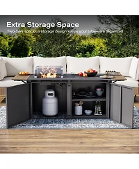 Decksplore Propane Fire Pit Table 64 Inch with Lid, 55, 000 Btu Gas Fire Pits for Outside Patio with Glass Wind Guard, Gray Glass Beads