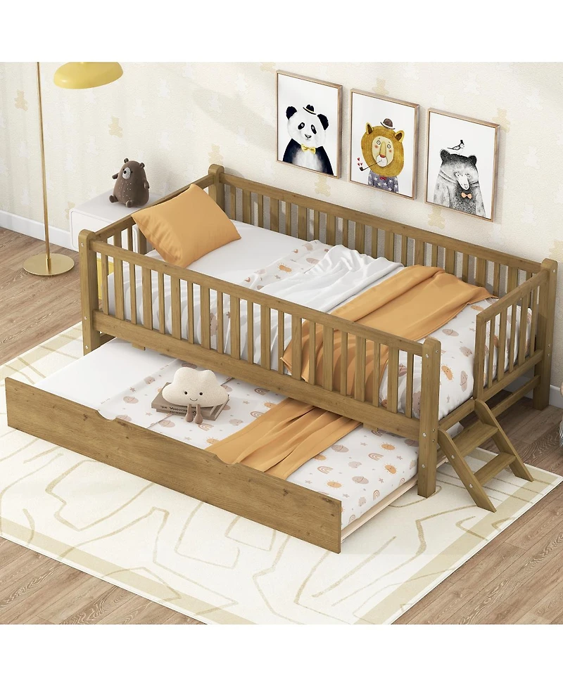 Streamdale Furniture Wood Twin Size Platform Bed with Guardrail and Trundle