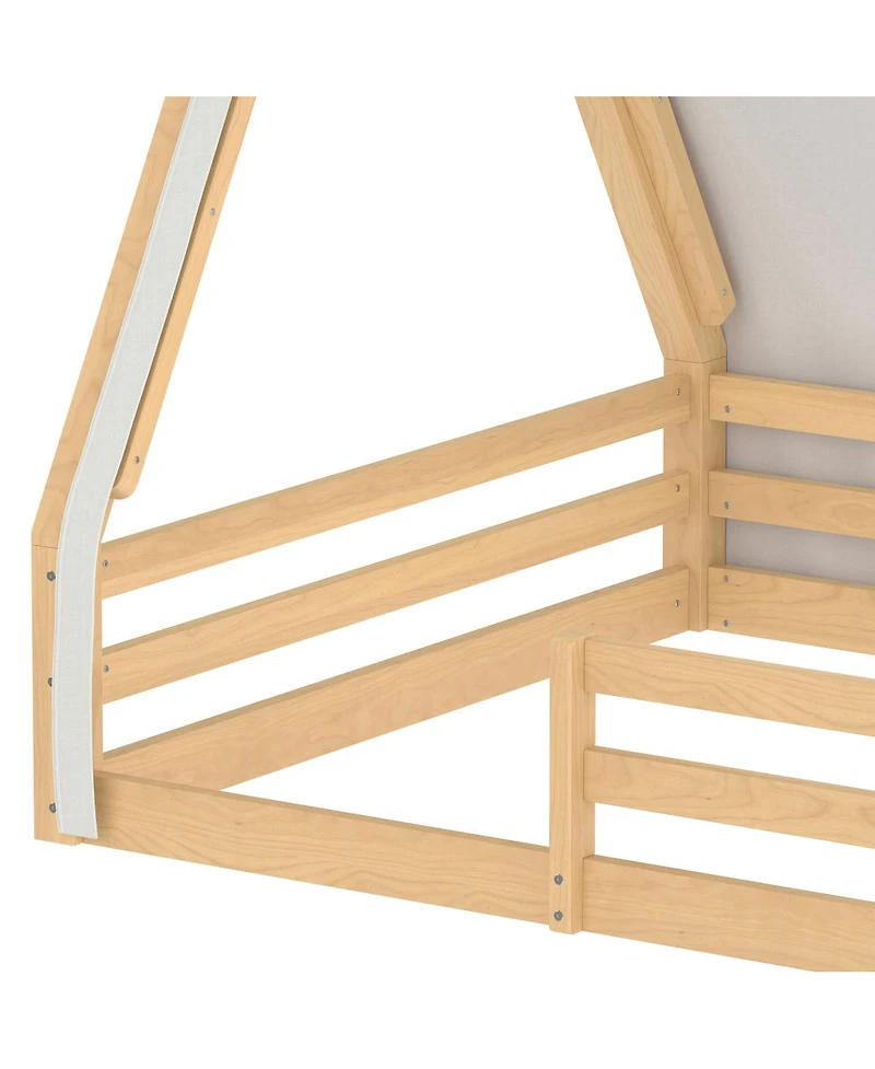 Streamdale Furniture Full Size House Floor Bed with Tent and Light, Solid Wood Teepee Design