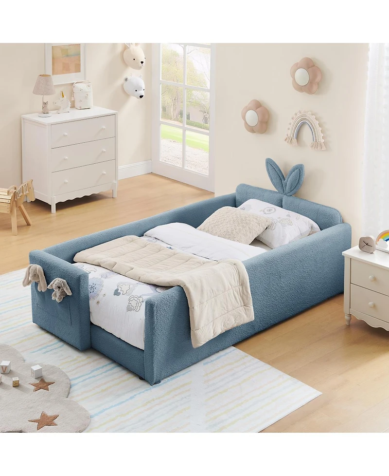 Streamdale Furniture Twin Upholstered Platform Bed with Rabbit Ear Headboard & Safety Rail