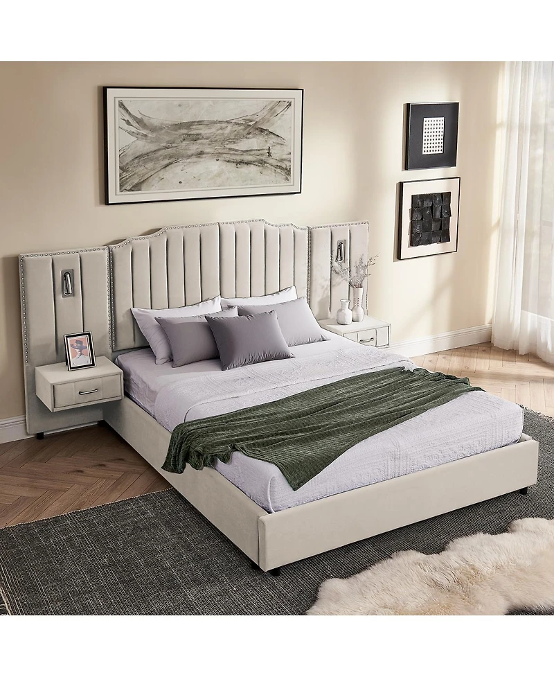 Streamdale Furniture Queen Size Velvet Upholstered Bed Frame with Vertical Stripes
